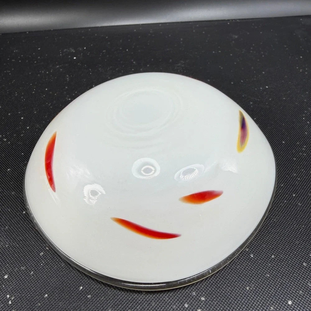 Vintage 1980s Venetian Blown Glass Dish Bowl White with Red Purple Swirls 6 Inch